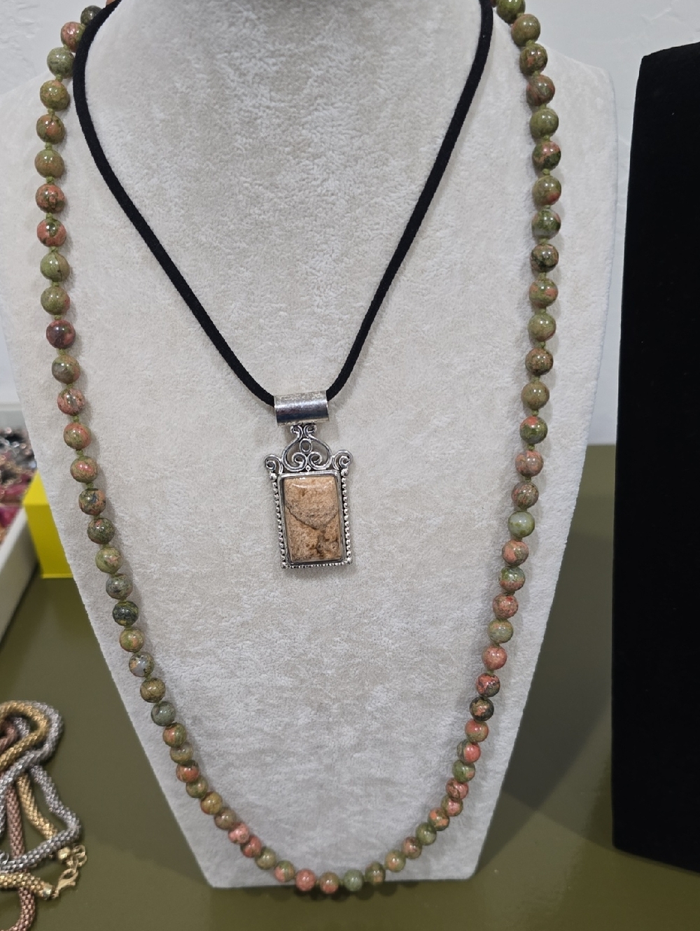 Green and Brown JASPER Stone Beaded Necklace with Silver Pendant